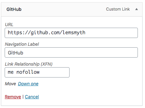 wordpress menu item layout with rel-me and rel-nofollow added