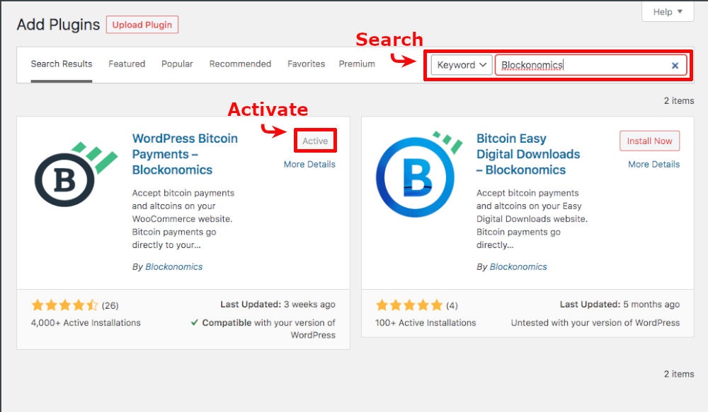 search for blockonomics install and activate